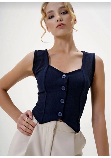 Krep Kumaş Düğmeli Yelek Lacivert S3395 Lacivert