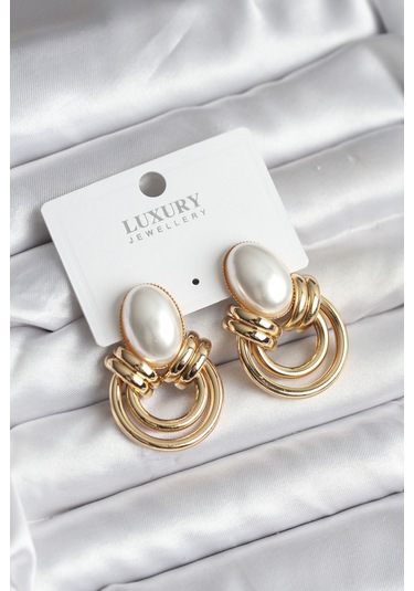 Pirinç İncili Vintage Kadın Küpe Gold Renk Renkli