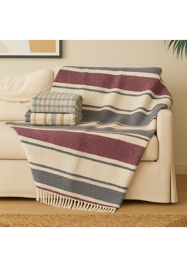 Dinarsu Cozy Life Tv Battaniyesi Bordo-gri-krem Bordo - Gri - Krem