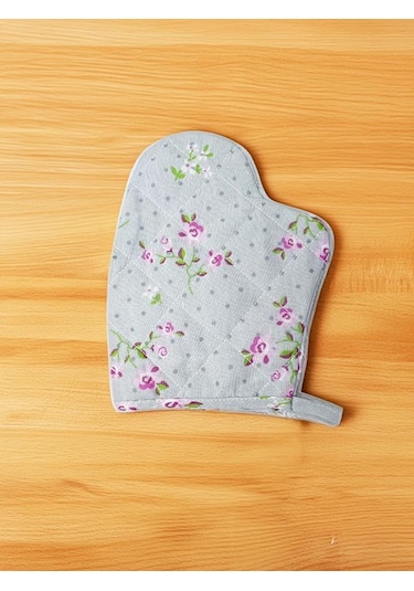 Çiçek Baskılı Gri Yanmaz Çift Fırın Eldiveni