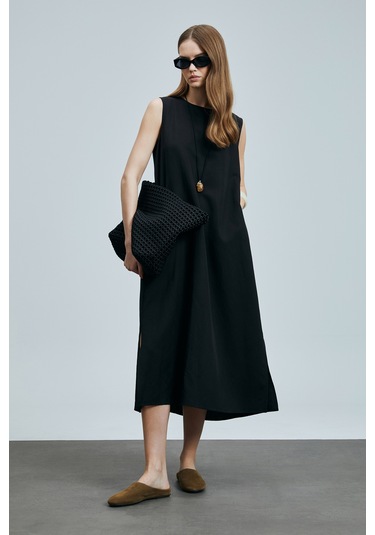 Lufian Grace Kadın Lyocell Karışımlı Keten Elbise Siyah Siyah 121290018100100 Siyah