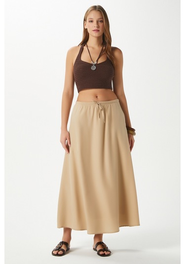 Kadın Seaside Vizon Astarlı Bel Lastikli Cepli Dokuma Uzun Etek Vizon