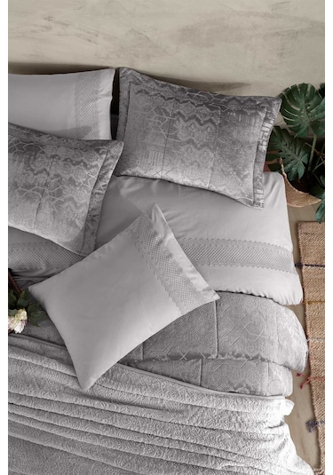 Elart Çeyiz Paketi 10 Parça Yatak Örtüsü+nevresim Takımı+battaniye Nüans Gümüş