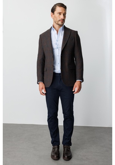 Erkek Kahve Regularfıt / Rahat Kalıp Mono Yaka Ceket-20010 Kahverengi