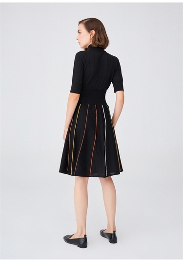 Peraluna Çizgili Yüksek Bel Bol Kesim Diz Altı Kadın Triko Etek S Siyah