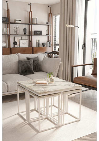 Lizbon 4+1 Kare Sehpa Takımı Beyaz Metal - Beyaz Mermer Tabla