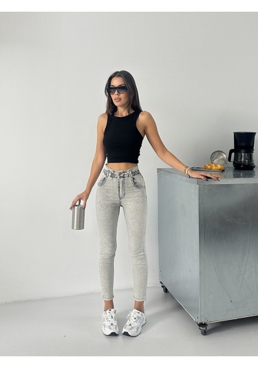 Kadın Kemer Büzgülü Power Dar Paça Kot Pantolon Gri