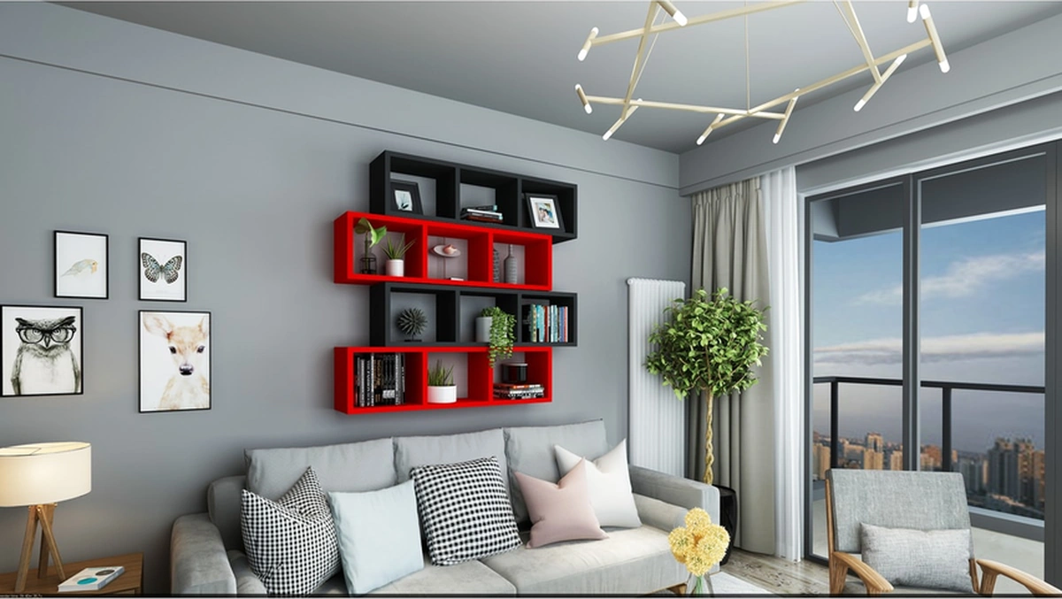 Kitaplık Lux Yatay Duvar Rafı Kırmızı Siyah 4 Lü Takım Kırmızı Siyah