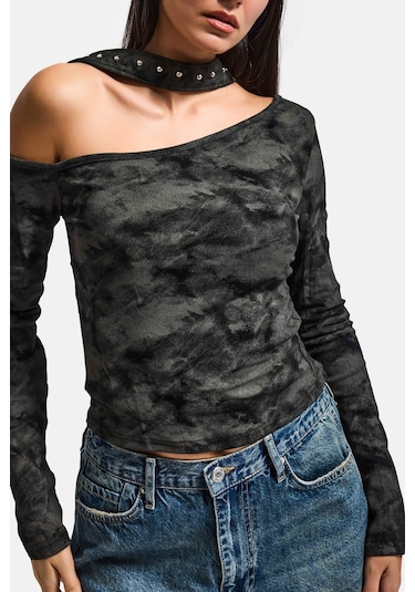 Itsbasic Kadın Siyah Antrasit W5 Asimetrik Kesim Özel Kumaş Tasarım Crop Top