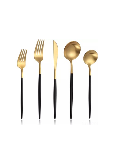 Youmex 304 Paslanmaz Çelik 5 Parça西餐 Seti - Biftek Bıçağı, Çatal, Tatlı Çatalı, Kaşık, Tatlı Kaşığı - Siyah Altın Rengi - Ev Kullanıma Uygun Altın - Siyah