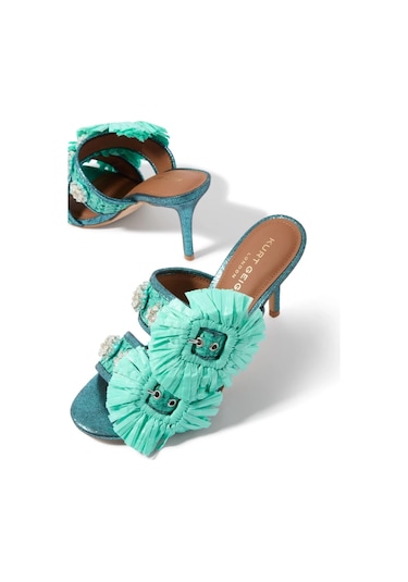 Kurt Geiger Raffia Buckle Lüks Tasarım Topuklu Sandalet Mavi