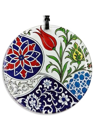 23 Cm Çap - İznik Çini Desen Çiçek Motifli Füzyon Cam Duvar Süsü