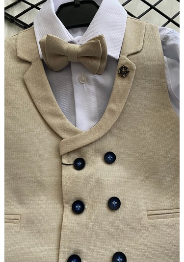 Katlama Detay Yelekli Rozetli Çocuk Takım Elbise Bej