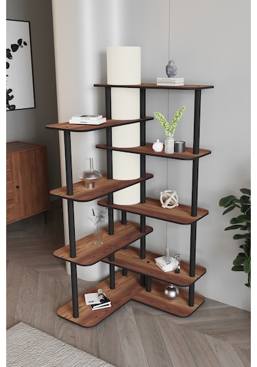 Cross Raflı Lambader Kitaplık Ceviz Siyah