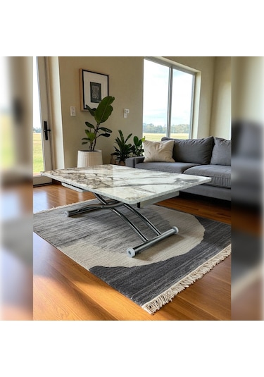 Ortadan Açılır Akıllı Masa Üst Mdf Beyaz Mermer Alt Ayak Krom