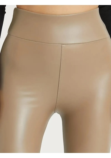 The İstanbul Kadın Yüksek Bel Toparlayacı Içi Şardonlu Tam Kalıp Deri Tayt Kahve