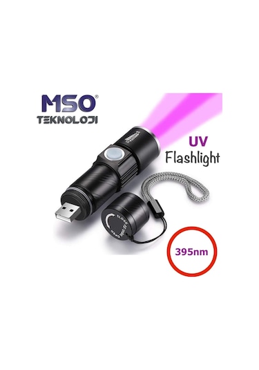 MSO Ultraviyole USB Şarjlı 365nm & 395nm Değerli Taş & Epoksi Led Fener Siyah