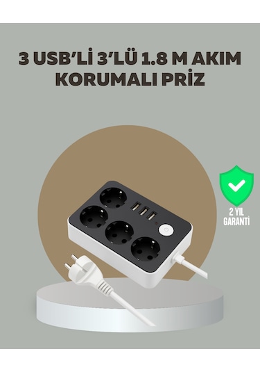4 Prizli 3 Usb Portlu Anahtarlı Akım Korumalı Priz