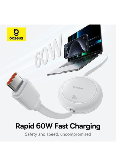 Baseus Free2pull Mini Charging Cable Usb-c To Usb-c 60w 1m Beyaz