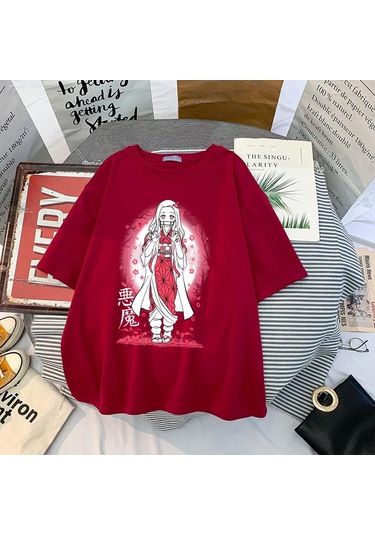 Kırmızı Japon Animesi İblis Avcısı T Shirt Erkekler Kawaii Kimetsu Hiçbir Yaiba Grafik Tees Tanjirou Kamado Unisex Üstleri Komik Tişört Kırmızı