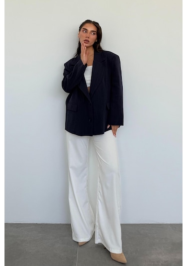 Madmext Lacivert Keten Blazer Kadın Ceket Mg2443 Lacivert