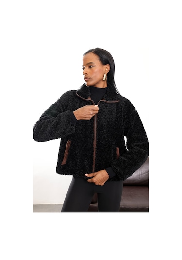 Siyah Kadife Detaylı Peluş Mont Siyah