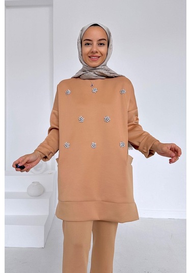 Bisiklet Yaka Taşlı Scuba Takım - Camel