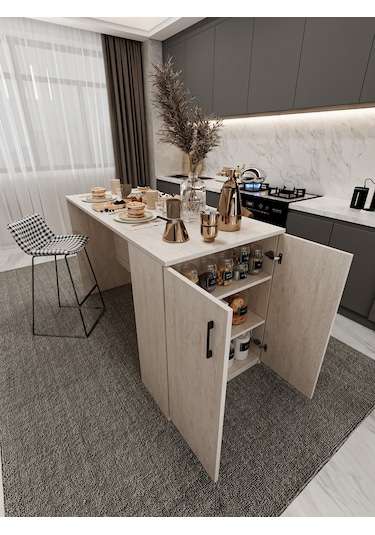 Asra Trend Mutfak Adası MA-04 %100 MDF Dolaplı Yemek ve Bar Masası Sidon