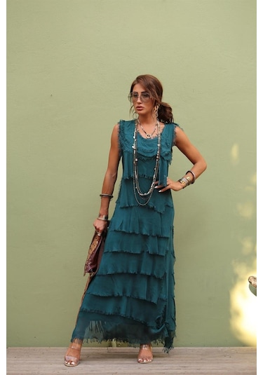 Italyan 2 Beden İnce Gösteren Kat Kat Kolsuz Ipek Elbise Zümrüt Yeşili