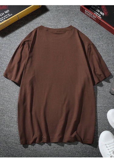 Üçgen Dağ T-shirt - Kahverengi Baskılı Oversize Bisiklet Yaka Kısa Kol Tişört Kahverengi