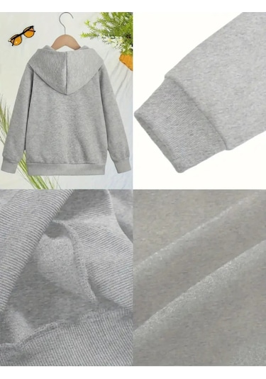 Kışlık Kapüşonlu Sweatshirt, Çocuk Ayakta Kediler Baskılı Gri