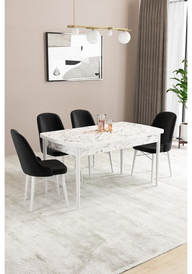 Sar Pakete Almira Serisi, Beyaz Mermer Desen 80x132 Açılabilir Mdf Mutfak Masası Takımı 4 Adet Sandalye Siyah