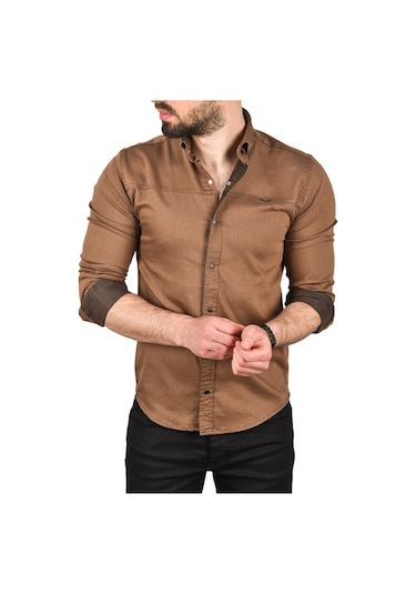 Deepsea Erkek Kahve Slim Fit Pamuklu Kot Gömlek Kolay Ütülenebilir Çıt Çıtlı Likralı Spor Gömlek 2502504 Kahve