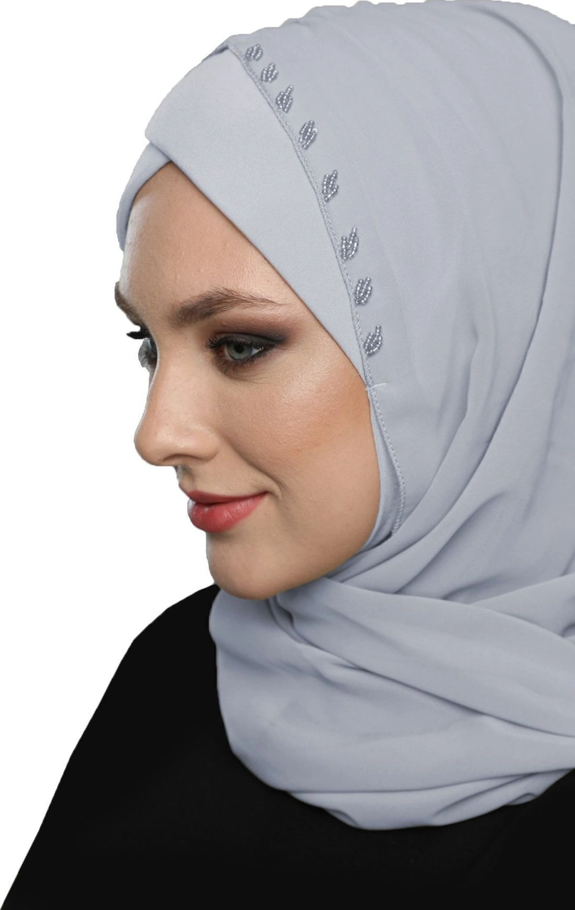 Şallı Takmatik Taşlı Açık Gri Hazır Türban Tesettür Bone Namaz Örtüsü Açık Gri