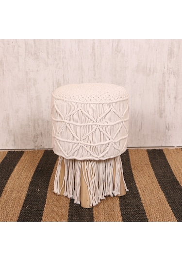 Makrome Tabure Puf & Stools - Doğal Teak Gövde 33x48 Cm Beyaz