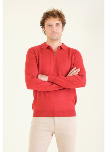 Giyim Dünyası Erkek Yarım Fermuarlı Polo Yaka Kazak Kırmızı 001