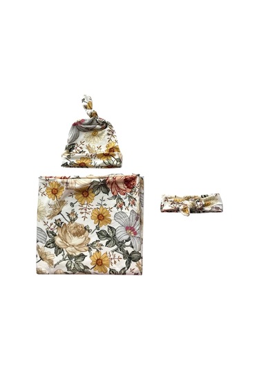 Sones Yeni Doğan Bebek Üç Parçalı Kundak Atkı Şapka Kafa Bandı Çiçek-4 Çok Renkli