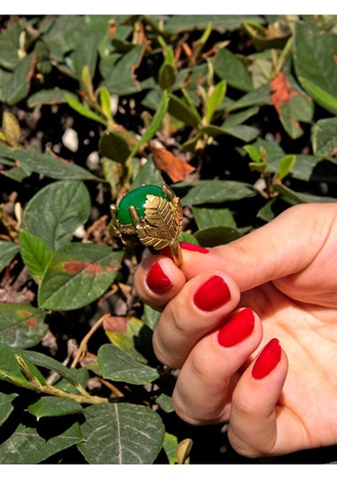 Yaprak Desenli Yeşil Akik Doğal Taş Ayarlanabilir Kadın Yüzük Çok Renkli