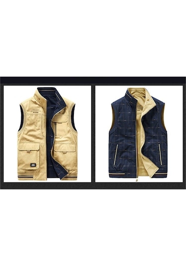 Simicg Erkek Ters Çevrilebilir Çok Cepli Dış Mekan Yelek - Haki