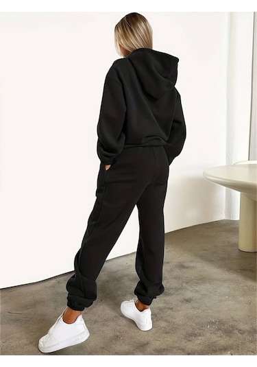 Hırsch Siyah Kadın Oversize Basic Kapüşonlu Lastikli Angel Baskılı Pamuklu Eşofman Takımı Siyah