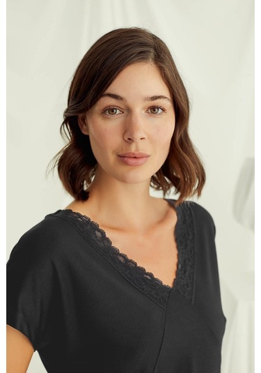 Monamise 18496 Kadın V Yaka Kısa Kollu Şortlu Pijama Takımı-siyah Siyah