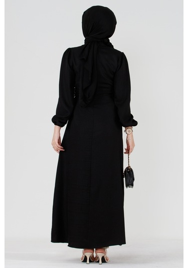 Yanı Bağcıklı Keten Elbise-siyah-3364-beyaz Beyaz