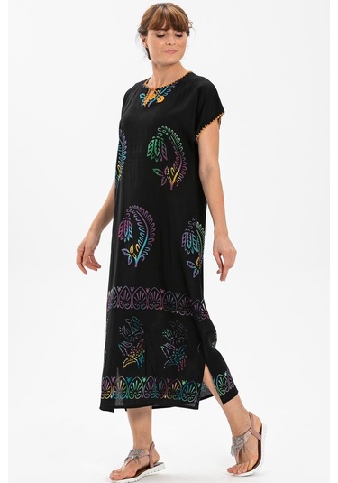 Kısa Kol Pamuk Hitit Uzun Elbise Yaprak Renkli Yprk Renkl-yaprak Renkli Siyah