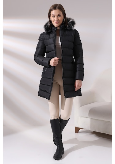 Tals Moda Siyah Renk Kapişonlu Peluşlu Kadın Montu Siyah