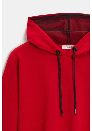 Sââde Kadın Oversize Kapüşonlu Basic Hoodie Sweatshirt Kırmızı