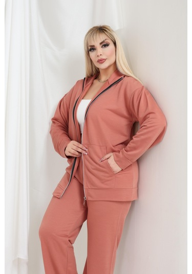 Kadın Büyük Beden Fermuarlı Uzun Kollu Rahat Günlük Eşofman Takım Somon