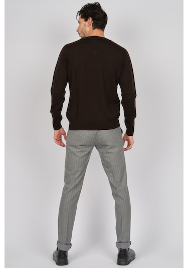 Desen Triko Erkek Desenli V Yaka Yün Kazak 0249640 Kahverengi Kahverengi