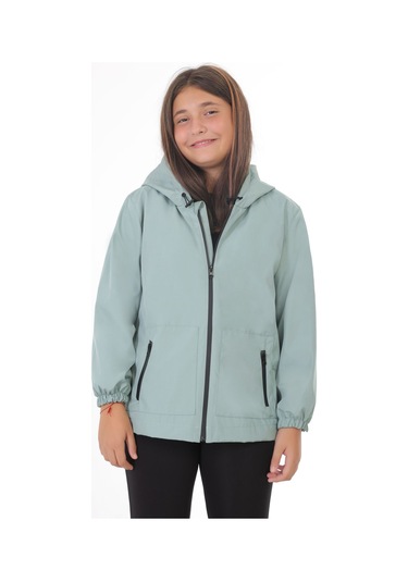 Kız Çocuk Mint Yeşili I Çi Astarlı Su Ve Rüzgar Geçirmez Kapüşonlu Çift Fermuarlı Cepli Yağmurluk Mint Yeşili