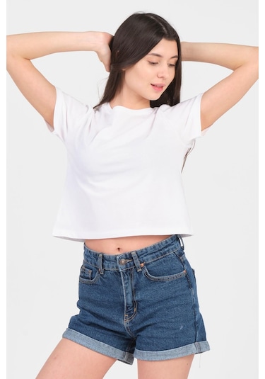 As Collection Beyaz Bisiklet Yaka Kısa Kol Örme Kadın Crop Beyaz