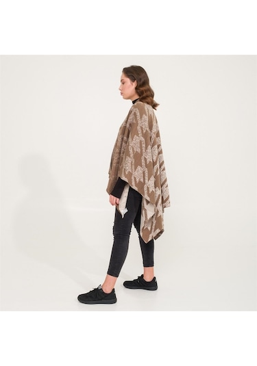 Kaz Ayağı Desen Çift Taraflı Triko Kadın Şal Panço-Kahverengi-140X140 Kahverengi